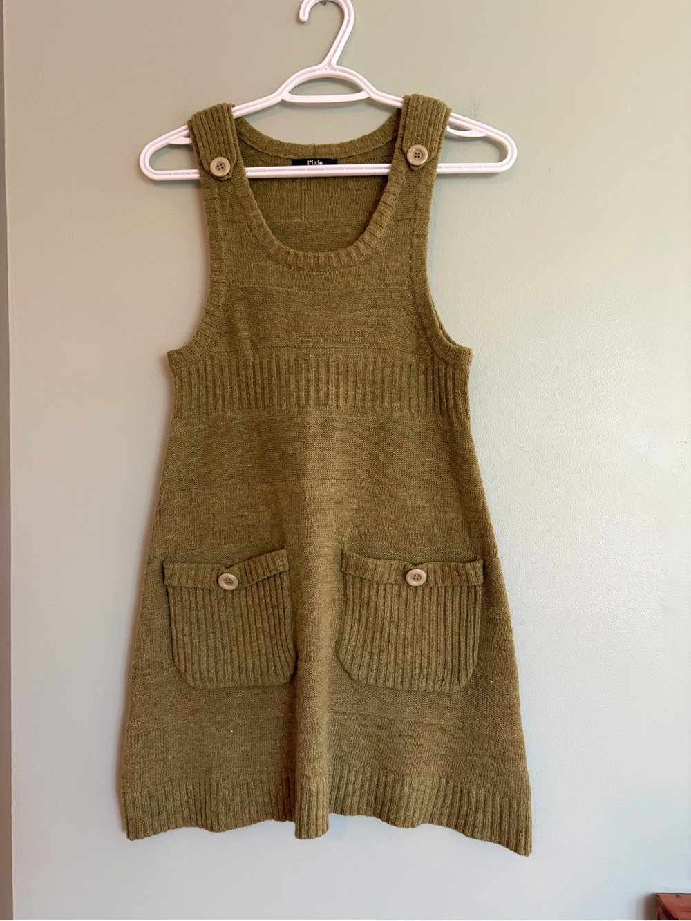 Pixie Wool Knit Pinafore Dress M Olive Green Jumper Pleated Cottagecore Mori Kei
